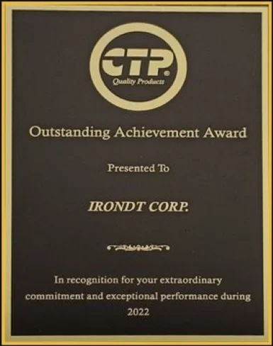 CTP Outstanding Achievement Award plaque presented to IronDT Corp. for 2022